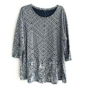 Lucky Brand | Paisley Border Print Top Women Plus Size 2X Black Shirt 3/4 Sleeve
